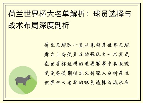 荷兰世界杯大名单解析:球员选择与战术布局深度剖析