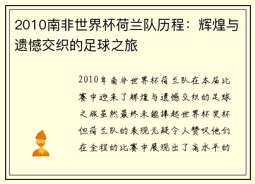 2010南非世界杯荷兰队历程:辉煌与遗憾交织的足球之旅